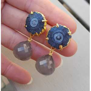 Gold plated earrings with grey Chalcedony and Solar quartz