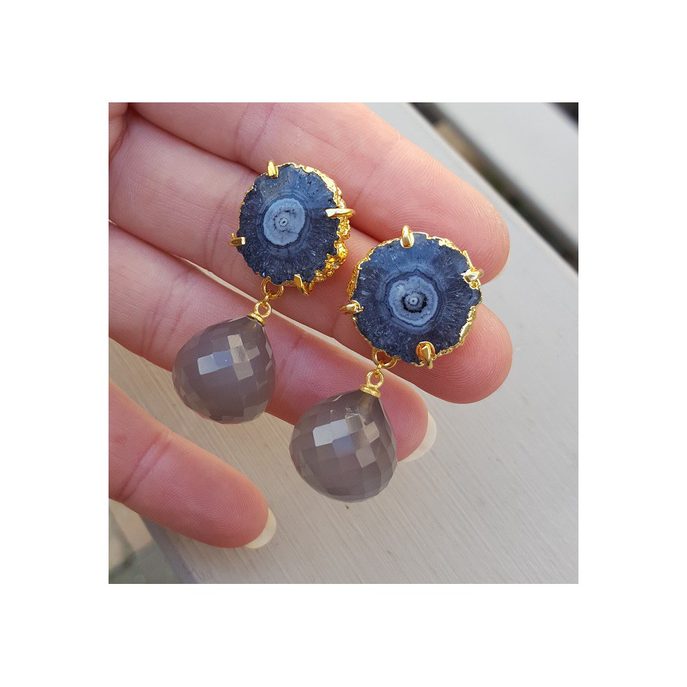 Gold plated earrings with grey Chalcedony and Solar quartz