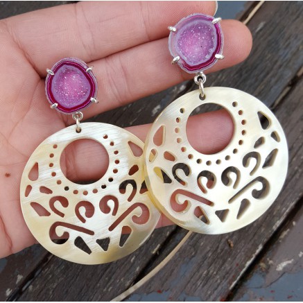 Zilveren oorbellen met Agaat geode en ronde Buffelhoorn