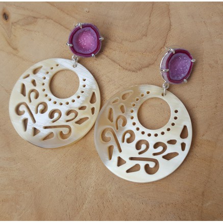 Zilveren oorbellen met Agaat geode en ronde Buffelhoorn