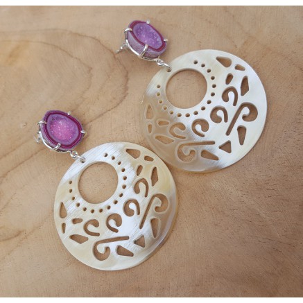 Zilveren oorbellen met Agaat geode en ronde Buffelhoorn