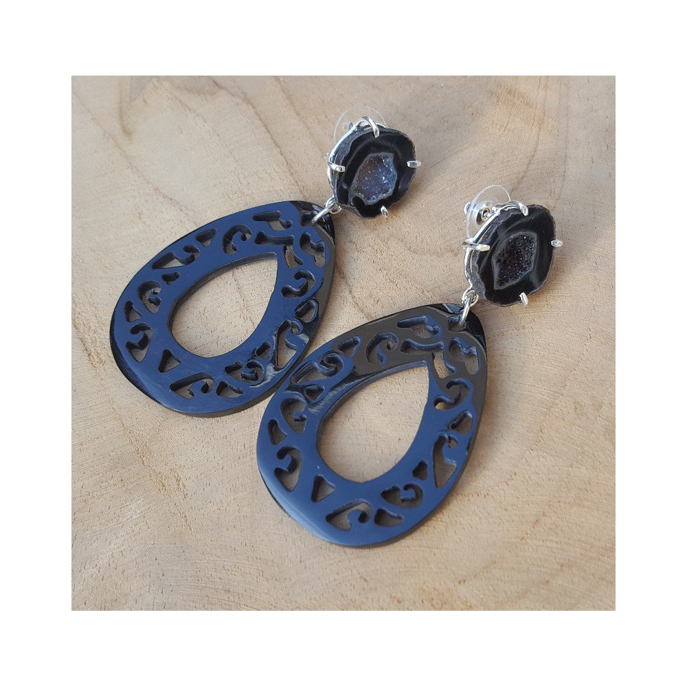 Silver earrings with Agate geode and black buffalo horn