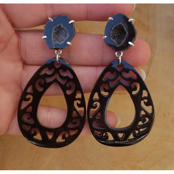 Silver earrings with Agate geode and black buffalo horn