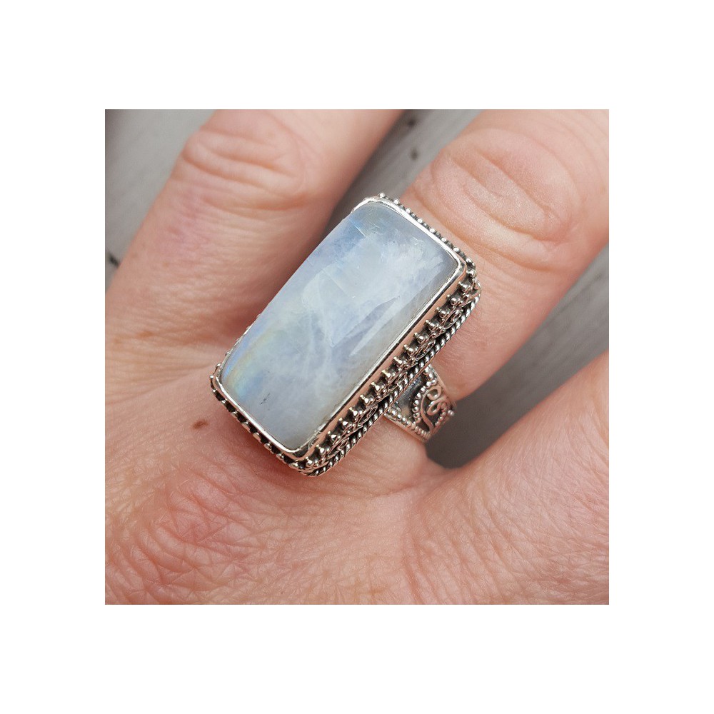 Silver ring with rectangular Moonstone, in processed setting 17.5