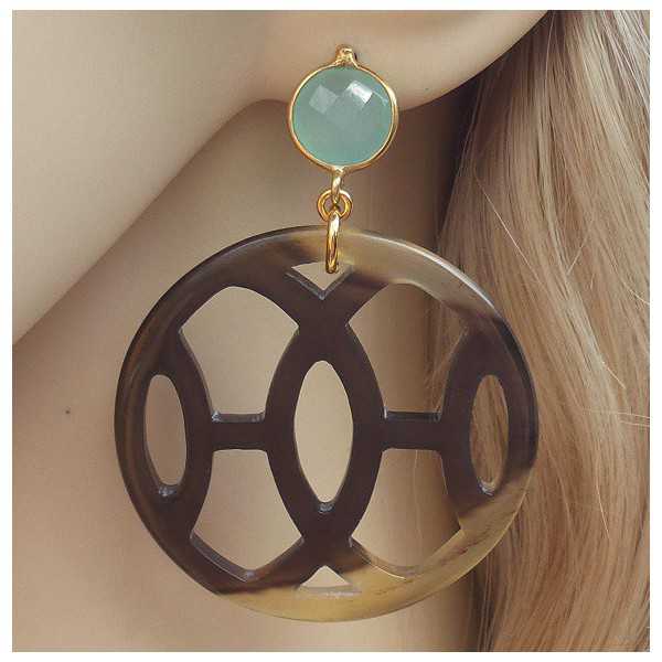 Gold plated earrings with buffalo horn and aqua Chalcedony