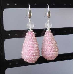 Silver earrings large drop of faceted rose quartz stones