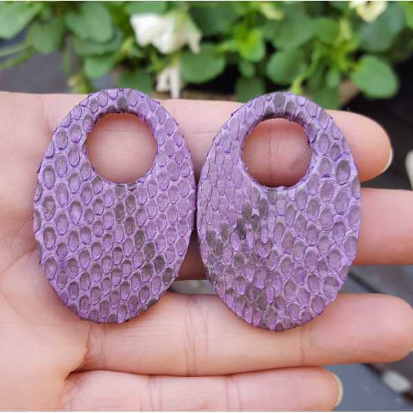 Creole earrings set with oval shaped pendant of purple Snakeskin