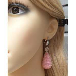 Silver earrings large drop of faceted rose quartz stones
