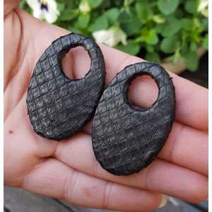 Creole earrings set with oval pendant, black Snakeskin