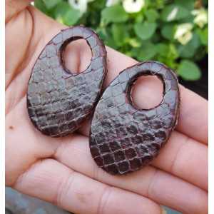 Creole earrings set with oval pendant made of dark brown Snakeskin