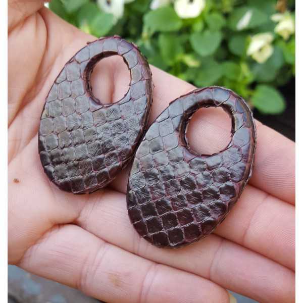Creole Ohrringe-set mit ovalen Anhänger aus dunkelbraunem Schlangenleder