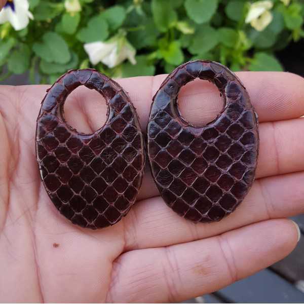 Creole earrings set with oval pendant made of dark brown Snakeskin