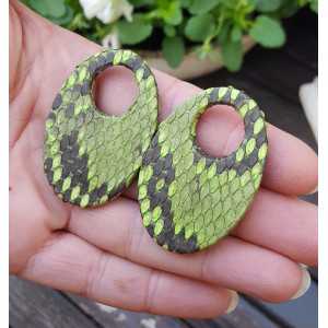 Creole earrings set with oval pendant of green Snakeskin