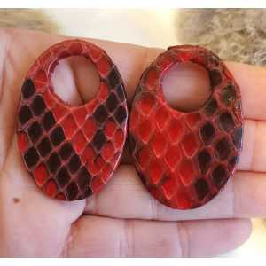 Creole earrings set with oval shaped pendant of dark red Snakeskin
