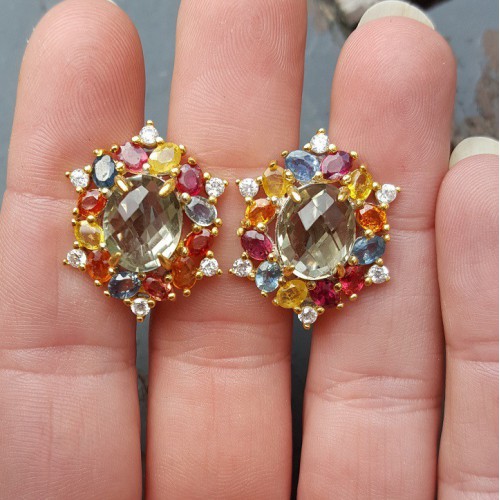 Zilveren oorbellen met groene Amethist, Zirkonia en Saffieren