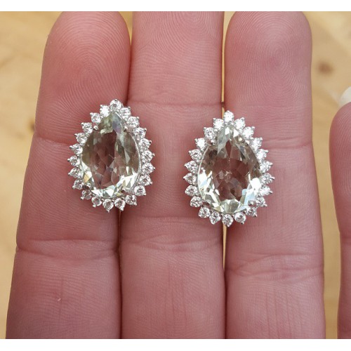 Zilveren oorbellen met druppelvormige groene Amethist en Zirkonia