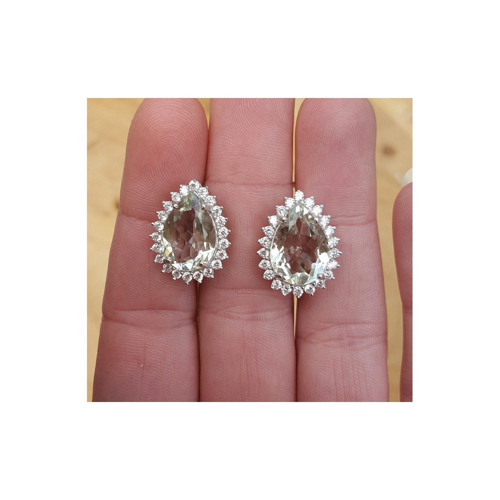 Silver earrings with drop shaped green Amethyst and Cz