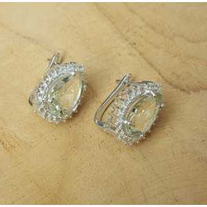 Silver earrings with drop shaped green Amethyst and Cz