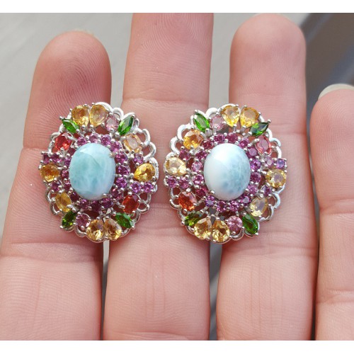 Zilveren oorbellen met Larimar, Rhodoliet, Chroom Diopsiet en Saffier