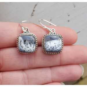 Silver earrings with square Dendrite Opal carved setting
