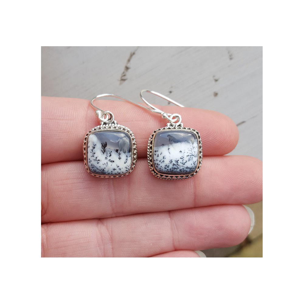 Silver earrings with square Dendrite Opal carved setting