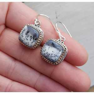 Silber Ohrringe mit quadratischen Dendriten Opal geschnitzt-Einstellung