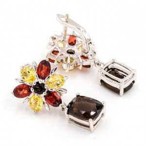 Silver earrings set with Citrine, Garnet and Smokey Topaz