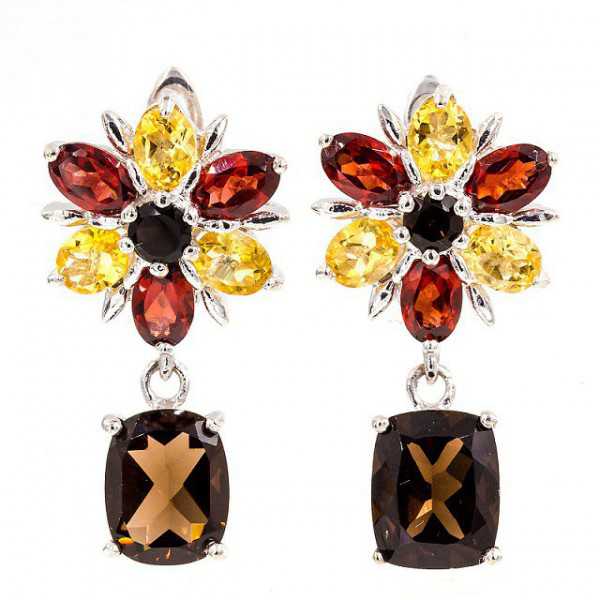 Silver earrings set with Citrine, Garnet and Smokey Topaz