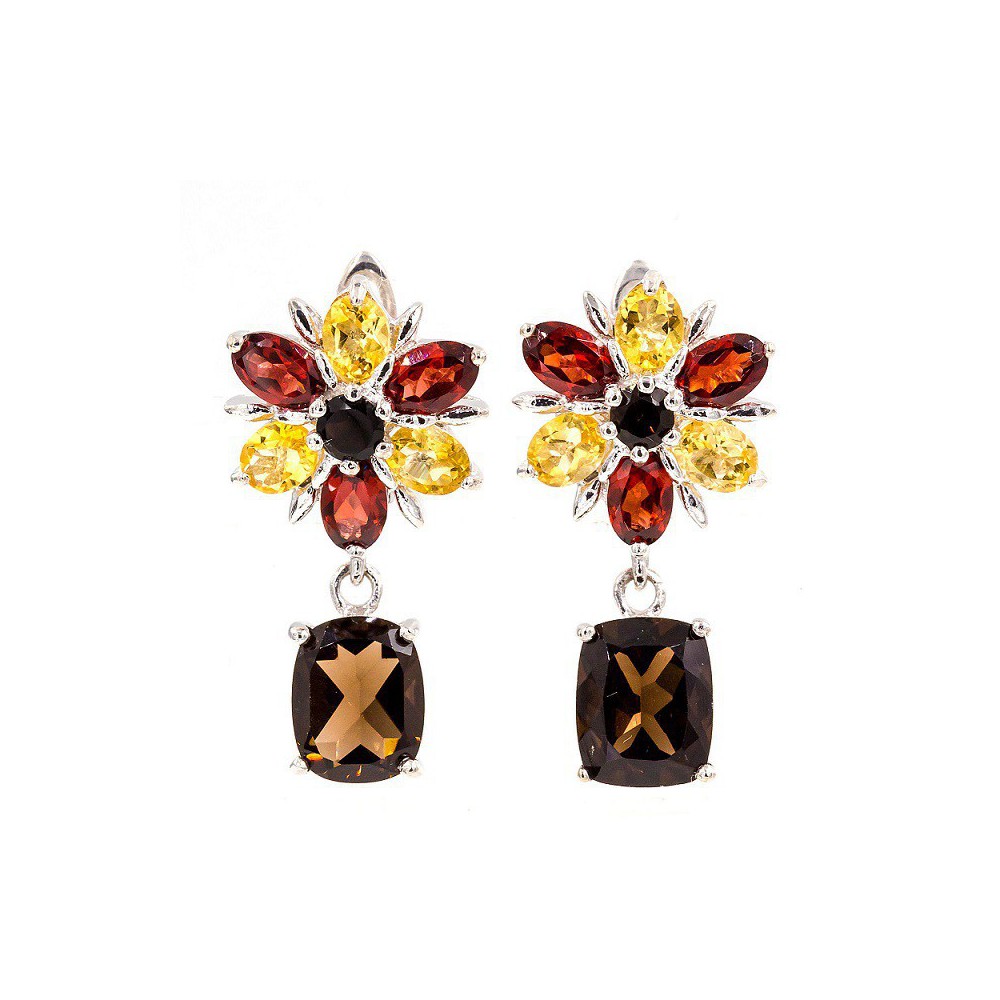 Silver earrings set with Citrine, Garnet and Smokey Topaz