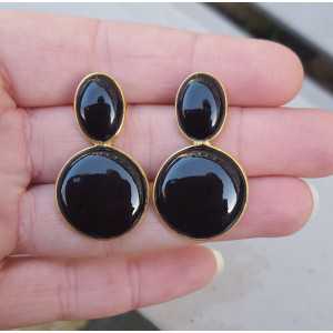Gold plated earrings with oval and round black Onyx