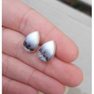 Silver oorknoppen with teardrop shaped Dendrite Opal