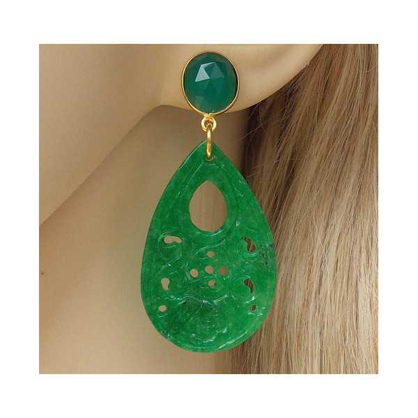 Vergulde oorbellen met uitgesneden Jade en groene Onyx