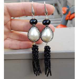 Silver earrings with Onyx Pearl with crystal and tassel