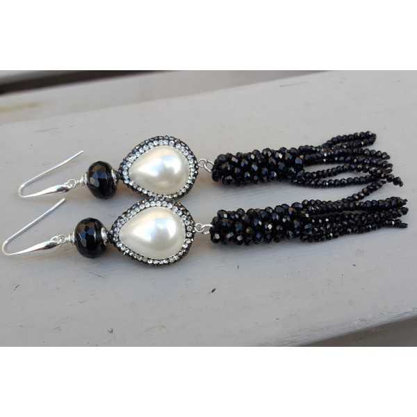 Silver earrings with Onyx Pearl with crystal and tassel