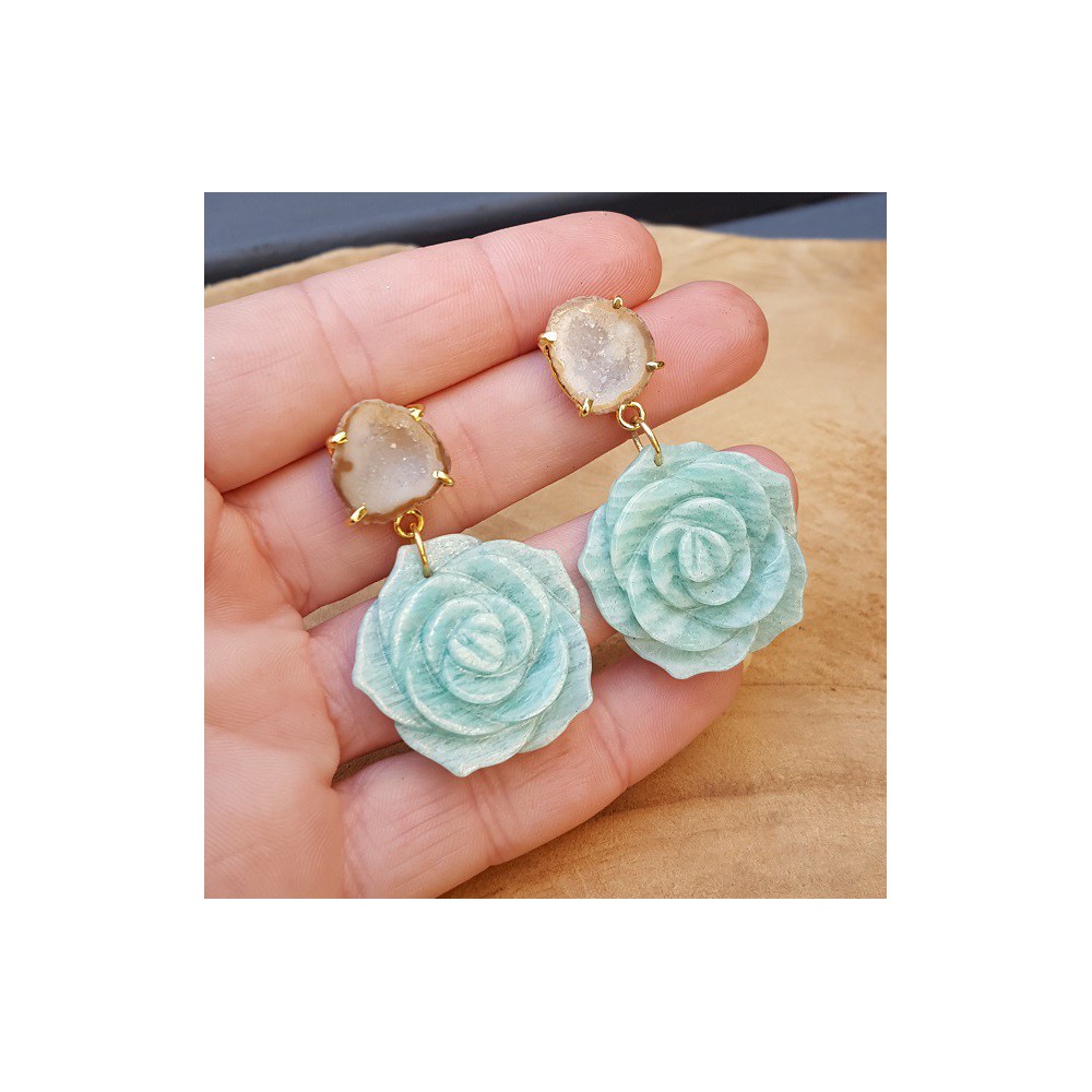 Gold plated earrings flower Amazonite and Agate Geode