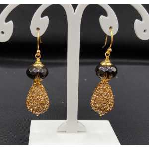Gold plated earrings Smokey Topaz, and drop with golden crystals