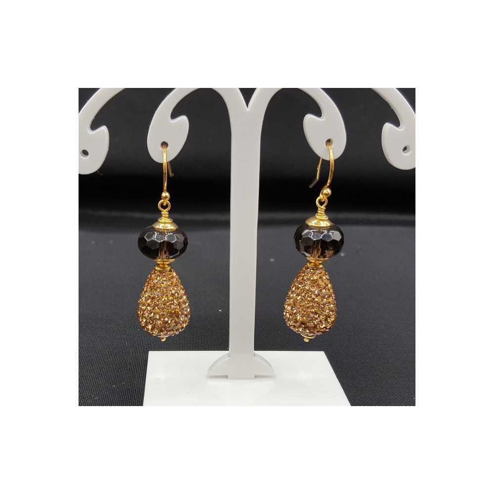 Gold plated earrings Smokey Topaz, and drop with golden crystals