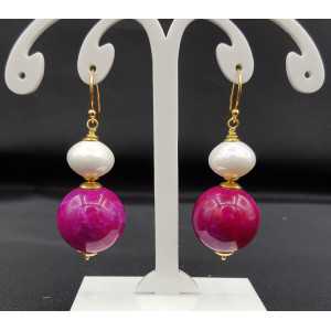 Gold plated earrings with pink Sugiliet and shell pearl