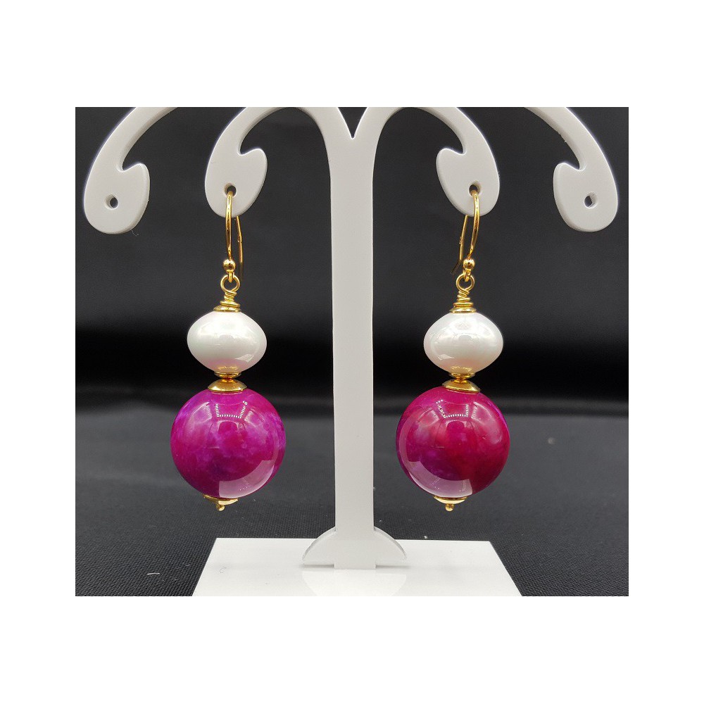 Gold plated earrings with pink Sugiliet and shell pearl