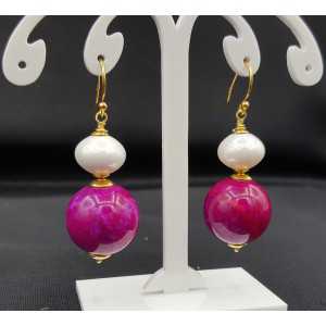 Gold plated earrings with pink Sugiliet and shell pearl