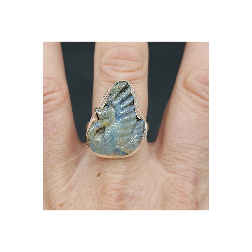 Silver ring set with swan Boulder Opal 19.3 mm