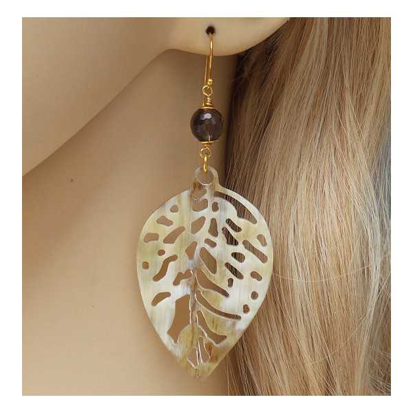 Gold plated drop earrings cut out leaf of buffalo horn and Smokey Topaz