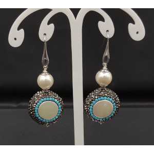 Earrings with Pearl, black and Turquoise blue crystals
