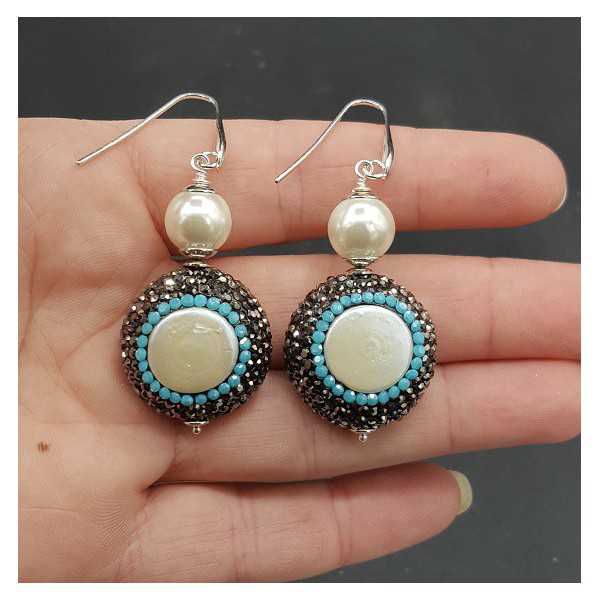 Silver earrings with Pearl black and Turquoise blue crystals