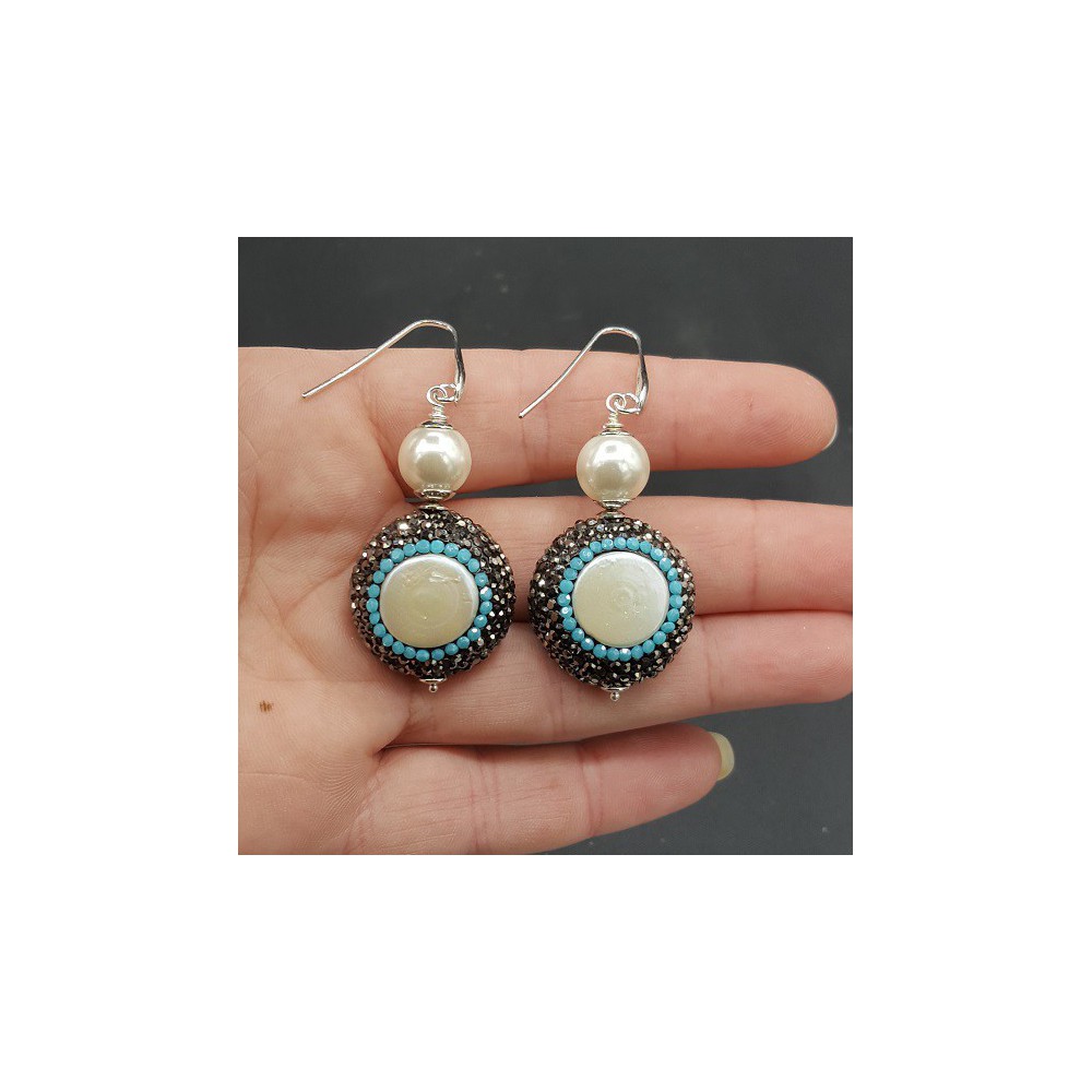 Silver earrings with Pearl black and Turquoise blue crystals