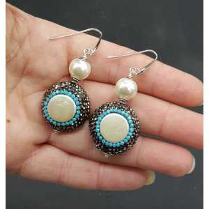 Silver earrings with Pearl black and Turquoise blue crystals