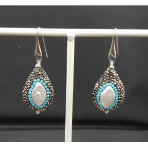 Earrings set with Pearl black and Turquoise blue crystals