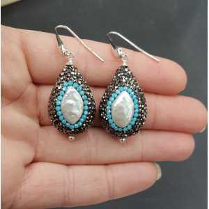 Earrings set with Pearl black and Turquoise blue crystals