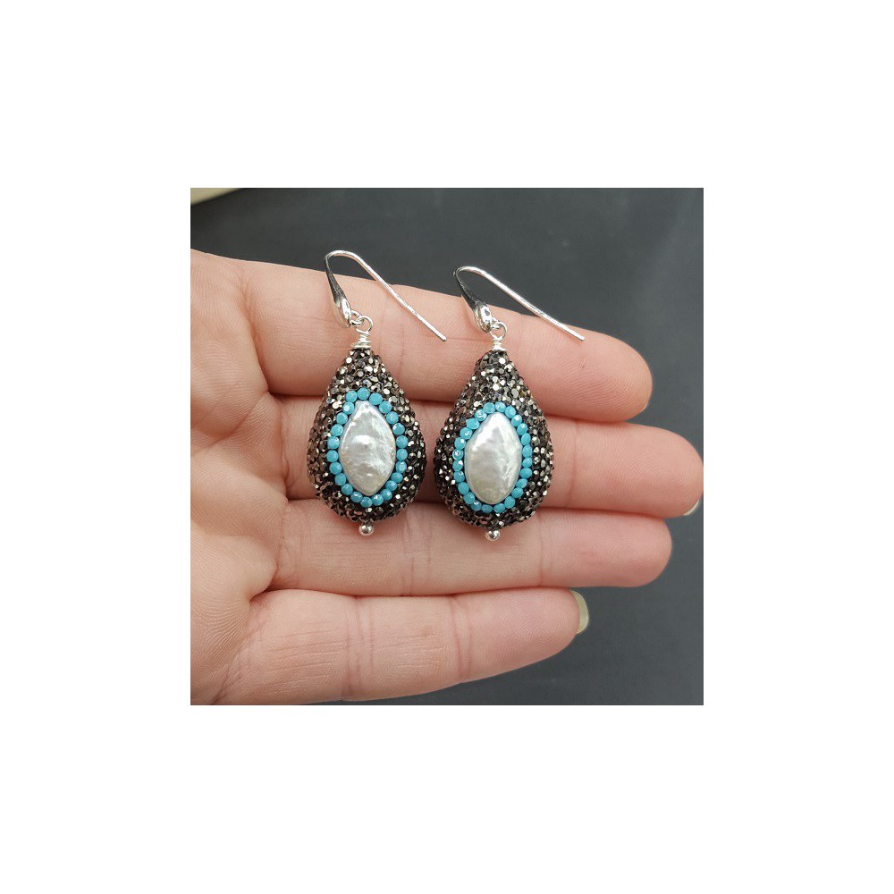 Earrings set with Pearl black and Turquoise blue crystals