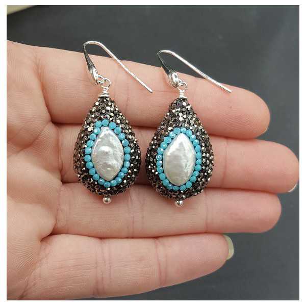 Ohrringe-set mit Perlen-schwarz und Türkis-blau Kristalle